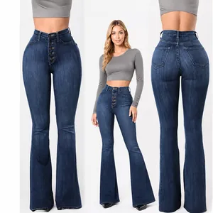High-waisted elastic flared denim jeans for women showing front side and back views