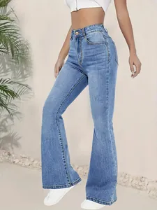 Modische, schmale, ausgestellte Jeans mit hoher Taille für Damen in klassischer hellblauer Waschung