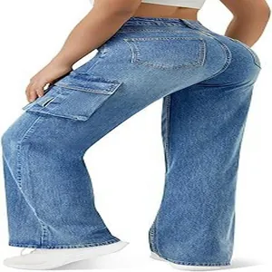 Vintage Damen Cargo-Jeanshose mit hoher Taille, seitlichen Taschen und weitem Bein-Schnitt