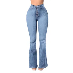 High-waist stretchy flare jeans for women in light blue denim wash with button fly