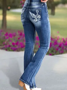Women's Vintage Embroidered Flare Jeans High Waist Stretch Denim Pants Flared Leg Trousers With Cross Wing Embroidery Pocket Blue