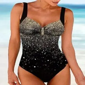 Elegant one-piece swimsuit with black to silver glitter gradient and tummy control mesh