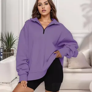 Felpa casual da donna viola con mezza zip e maniche lunghe oversize per l'autunno