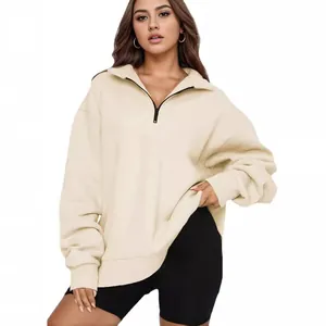 Felpa oversize chic con mezza zip da donna, pullover casual color crema a maniche lunghe.