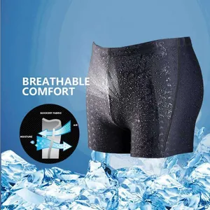 Macro view showing the breathable quick-dry fabric details of men's square leg swim trunks