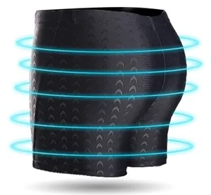 Detail view of men's quick-dry boxer swim trunks with compression support rings.