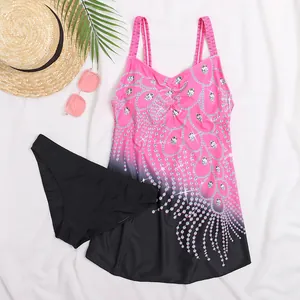 Plus size two-piece swimsuit with pink peacock tail print and black bikini bottom