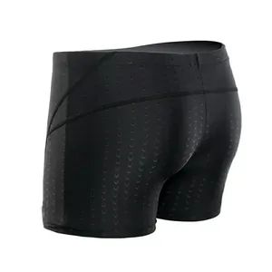 Rear view of men's black quick-dry swimming trunks with a subtle scalloped texture pattern.