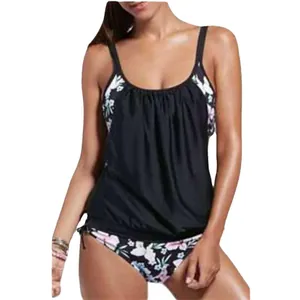 Bañador tankini floral de dos piezas para mujer con top push-up negro y braguita a juego