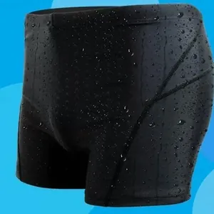 Professional black quick-dry men's boxer swimming trunks with waterproof water droplets