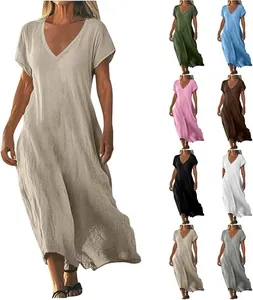 Detailed view of women's loose V-neck cotton linen maxi dress in multiple colors