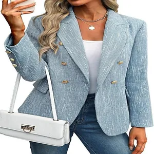Close-up of light blue tweed blazer featuring stylish gold buttons and textured fabric