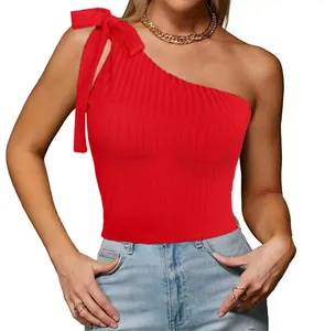 Elegant red one-shoulder ribbed top for women with decorative shoulder bow detail