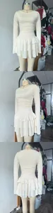 Detail views of cream long-sleeved ruffled mini dress showing front side and back