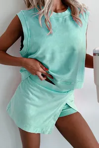Detail of mint green washed cotton casual two-piece set with sleeveless top and skort