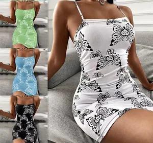 Close-up showing four color options for the butterfly print bodycon mini dress