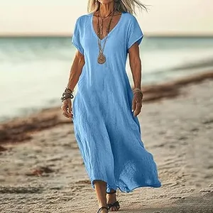 Casual light blue V-neck cotton linen maxi dress perfect for summer beach vacations