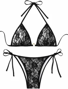 Elegantes sexy schwarzes Spitzen-Bikini-Set mit verstellbaren rückenfreien Bindebändern