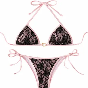 Sexy Bikini-Set aus pinkfarbener und schwarzer floraler Spitze mit Triangel-Oberteil
