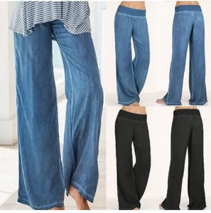 Multi-angle view of comfortable high-waisted wide-leg pants with denim texture