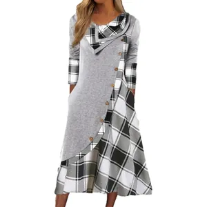 Elegant long-sleeved asymmetrical plaid dress with decorative buttons for autumn