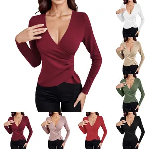 Overview of color variations for sexy deep V-neck ribbed tops with front wrap details