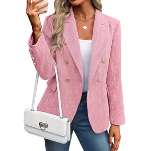 Chaqueta Blazer Elegante de Doble Botonadura para Mujer Botones Dorados Traje Estampado Tweed Look para Oficina Streetwear Slim Fit Top