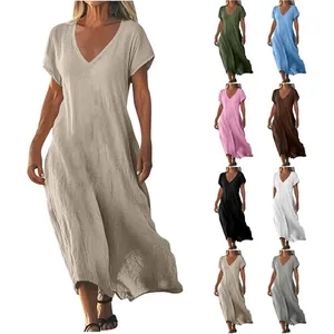 Women's V-Neck Cotton Linen Dress Loose Bohemian Maxi Dress Solid Color Short Sleeve Summer Vacation Top And Bottom