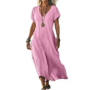 Loose-fit pink V-neck cotton linen maxi dress for women in a casual summer style