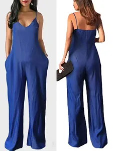 Elegant royal blue sleeveless V-neck wide-leg jumpsuit shown from front and back views