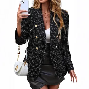 Elegante blazer de tweed en blanco y negro con doble botonadura para mujer otoño