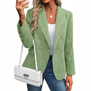Elegante americana cruzada para mujer verde salvia texturizada con botones dorados