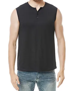 Close-up of a men's black sleeveless Henley t-shirt featuring three buttons on the neckline.