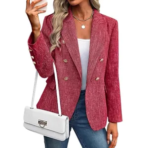 Elegante blazer de tweed rojo con doble botonadura para mujer, chaqueta de oficina de otoño