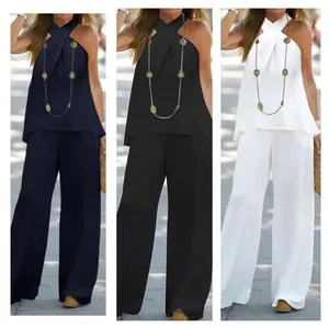 Elegante Completo Donna Halter Senza Maniche Top And Bottom Tinta Unita Pantaloni a Gamba Larga Abbigliamento Moda per Estate