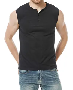 Detail of men's sleeveless Henley tank top with button placket on model.