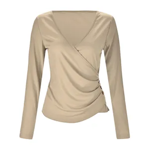 Close-up of women's sexy V-neck ribbed knit long sleeve top with side button detail