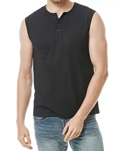 Detailed view of men's sleeveless black Henley t-shirt featuring button placket detail