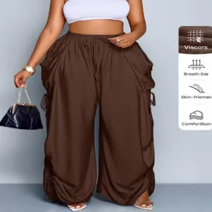 Pantaloni a lanterna in lino taglie forti a vita alta con coulisse e pieghe da donna