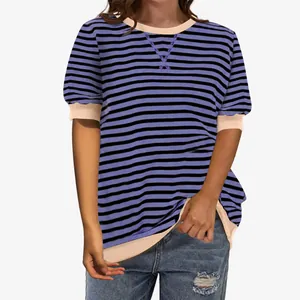 Close-up detail of casual striped short sleeve t-shirt with crew neck and ribbed cuffs