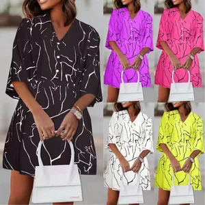 Women's V-neck mini dress with abstract line print in five vibrant colors