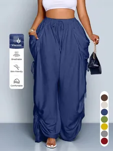 Pantaloni harem taglie forti donna vita alta con coulisse e tasche stile blu navy