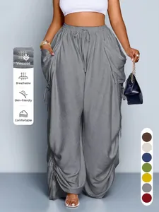Pantaloni harem taglie forti a vita alta con coulisse e tasche in tessuto di viscosa grigio