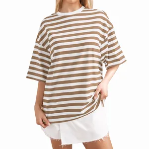 Women's oversized t-shirt featuring casual brown and white horizontal stripes and drop shoulder
