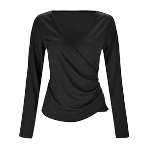 Elegant black ribbed long-sleeve wrap top with deep V-neck and decorative side buttons