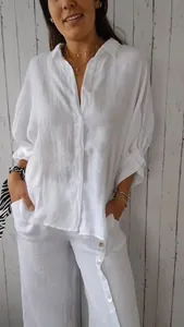 Ensemble chemise et pantalon en lin blanc pour femmes, style d'été décontracté