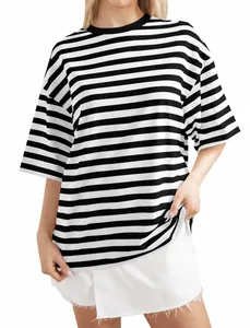 Detail of black and white striped short sleeve T-shirt with drop shoulder design