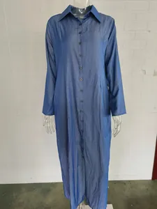 Women's elegant long-sleeved denim shirt dress with classic collar and button-down style