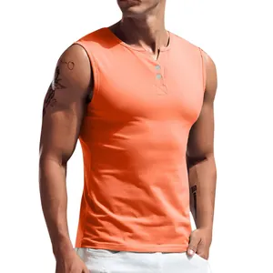 Breathable men's orange sleeveless Henley neck T-shirt vest for casual sport style