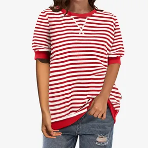 Close-up of a red and white striped round neck T-shirt with red ribbed cuffs